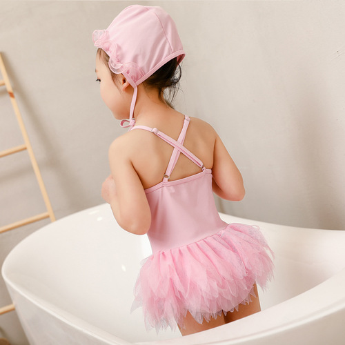 ins new children's swimsuit girls one-piece swimsuit ballet swan mesh baby korean style swimsuit swim cap