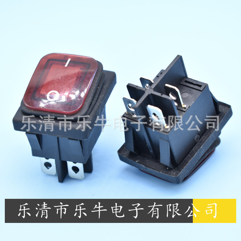 防水船型开关 KCD4 4脚2档红色带灯防水翘板开关 双卡位防水开关
