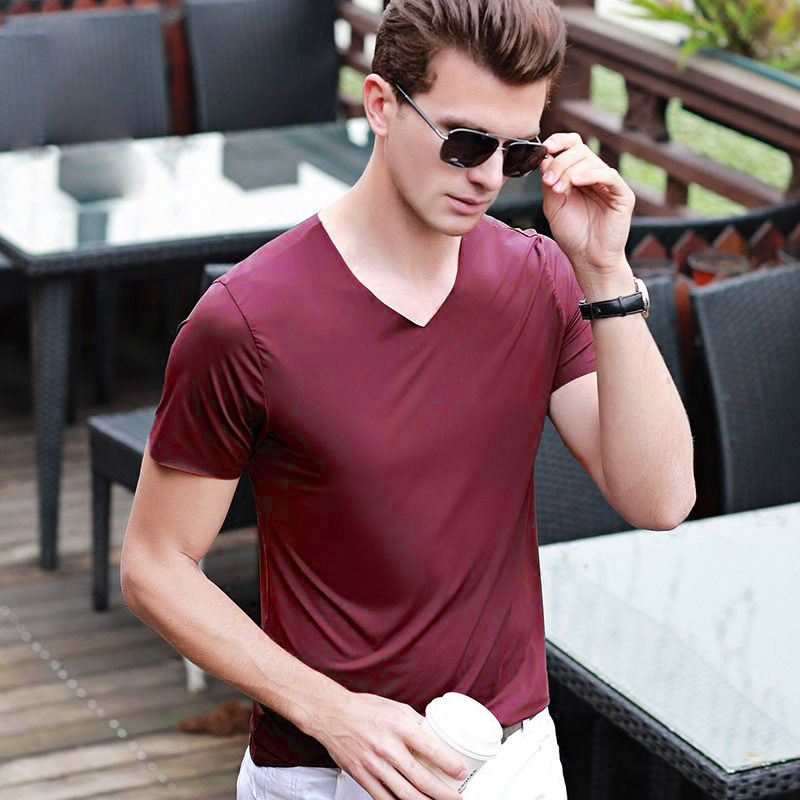 NanRenShuai/Nanren hombres guapos camiseta hombres de manga corta con cuello en V elástico casual corte color sólido más tamaño hombres