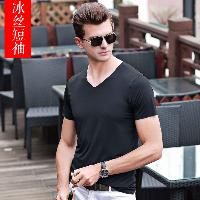 NanRenShuai/Nanren hombres guapos camiseta hombres de manga corta con cuello en V elástico casual corte color sólido más tamaño hombres