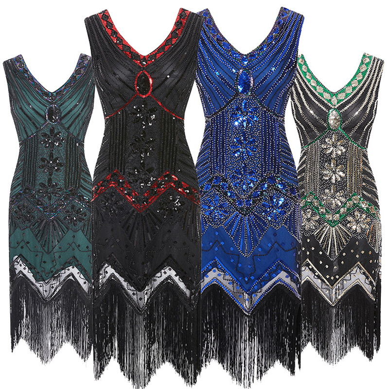 1920 Retro Sequin Beaded Dress Front and Back Deep V-Neck Fashion Tassel Dress Cross-Border Explosion Evening Dress