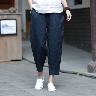 2026夏季新品棉麻文艺休闲九分裤女亚麻宽松哈伦裤松紧腰萝卜裤