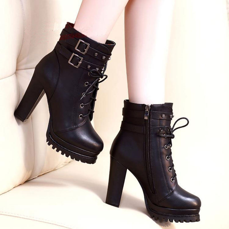 336-38 Korean Style High-Heeled Boots 2025 Spring New Short Boots Thick Heel Waterproof Platform Women's Boots Round Toe Women's Shoes
