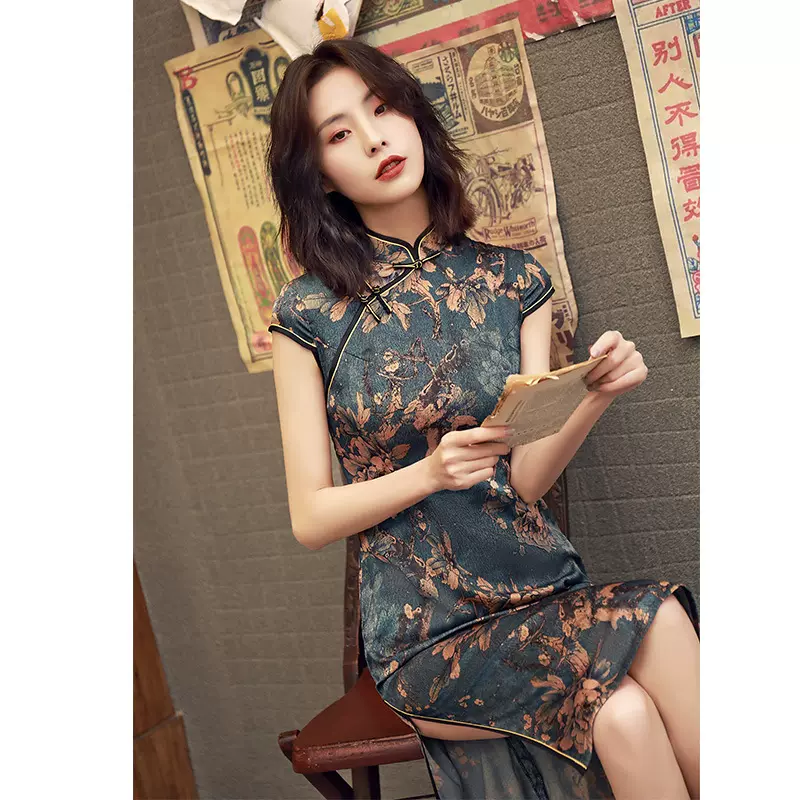 老上海旗袍女连衣裙夏季2022年新款时尚改良中长款单层修身连衣裙