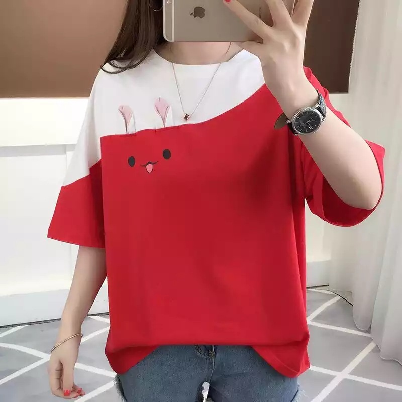 2023 verano nuevo conejo bordado estilo coreano color coincidencia camiseta estudiante superior suelta manga corta ropa de mujer tienda de una sola pieza image 6