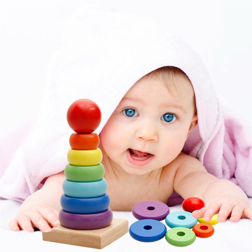 Wooden balls wooden rainbow tower children's large colorful ring puzzle game Jenga tumbler wooden toy