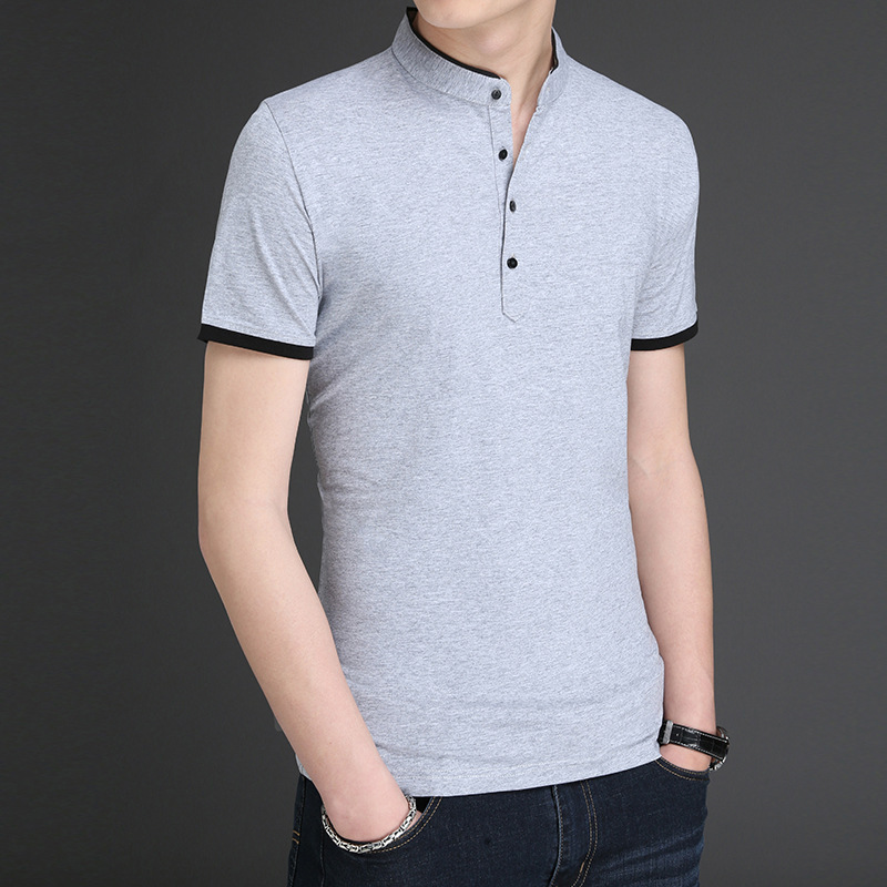 Summer New Youth K-Style Cross-Border Pure Color Stand-Up Collar Student Trendy Short-Sleeved Men's Pullover Export Men's Polo Shirt