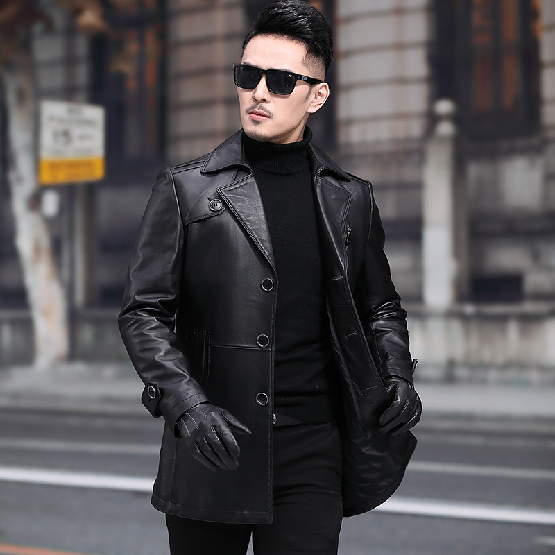 9016-1 Spring and Autumn Haining Genuine Leather Jacket Men's Mid-Length Men's Suit Sheepskin Jacket Business Windbreaker