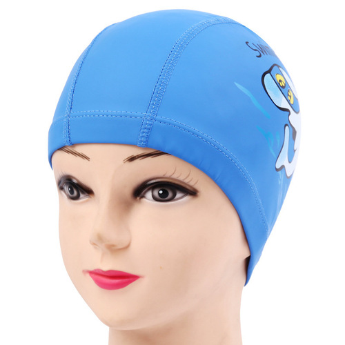Children's Swimming Cap Boys' Cute Cartoon Dolphin Pattern PU Cloth Waterproof Long Hair Ear Protection Equipment Girls' Swimming Cap