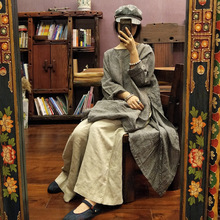 轻定制亚麻水洗宽松袍子复古文艺连衣裙禅意穿搭15102黑白格