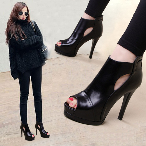 Black summer shoes, women's new all-matching four-season Korean waterproof platform fish-mouth high heels, spring slim single shoes