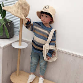 春季新款韩版儿童圆领上衣男女童条纹针织长袖马海毛薄毛衣