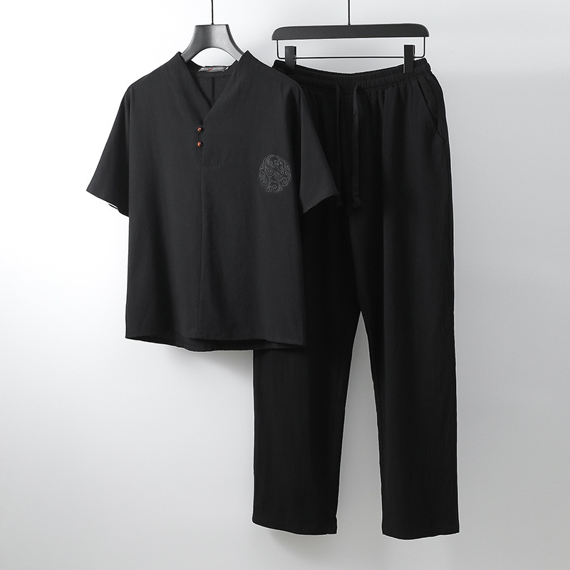 Dad's Summer Outfit Set: Men's Short-Sleeve T-Shirt, Linen, Large Size, Sportswear for Middle-Aged and Elderly Men, Grandpa's Cotton-Linen Clothing