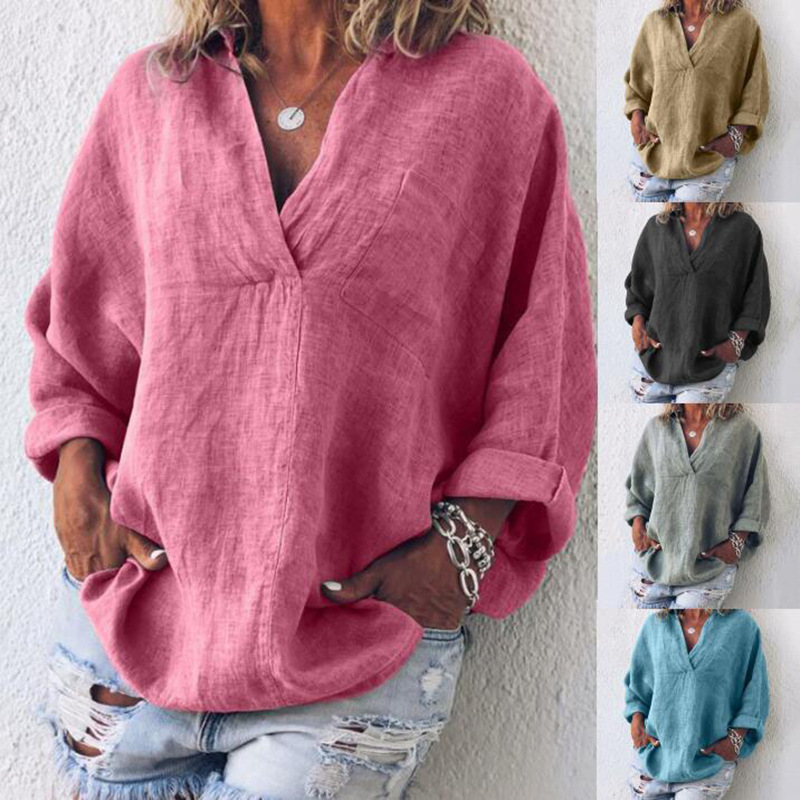 2024 New Independent Station Wish Amazon Ebay Hot Selling European and American V Neck Long Sleeve Shirt Pullover Women's Shirt