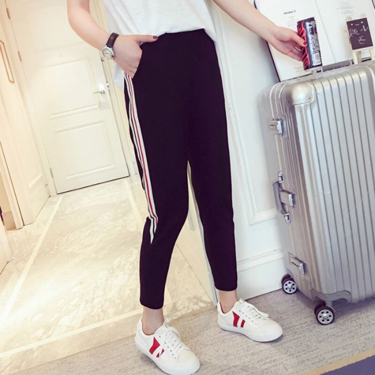 Cuffed Skinny Pants for Women 2026 Summer College Style Korean Casual Pants Slim Fit Striped Women's Elastic Waist Cropped Pants