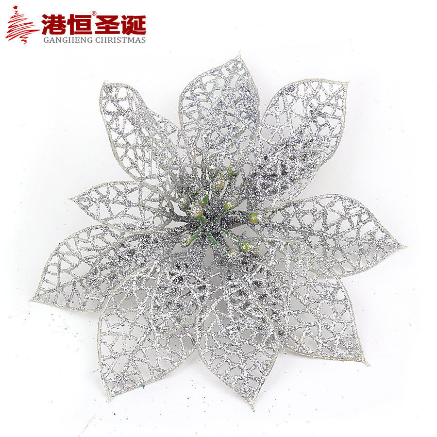 Flores navideñas huecas de polvo dorado, decoración para corona de árbol de Navidad, suministros navideños, adornos colgantes para ambiente navideño, decoraciones de flores artificiales