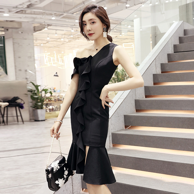 Yige Lila's New Style Sexy Slanted Shoulder Ruffled Fishtail Mid-Length Dress 64650