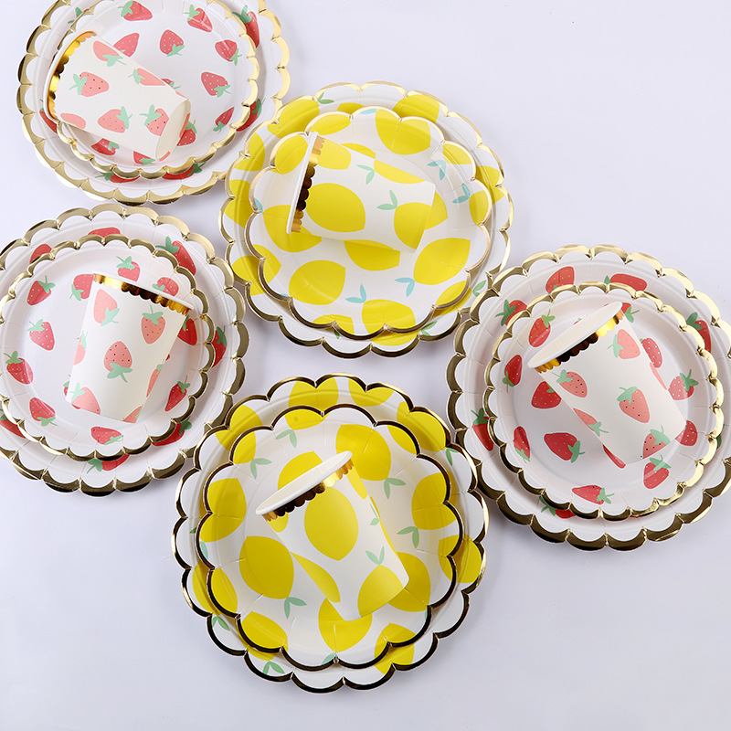 Amazon Birthday Party Cake Plate Disposable Lemon Paper Cup Paper Plate Strawberry Picnic Party Tableware Set
