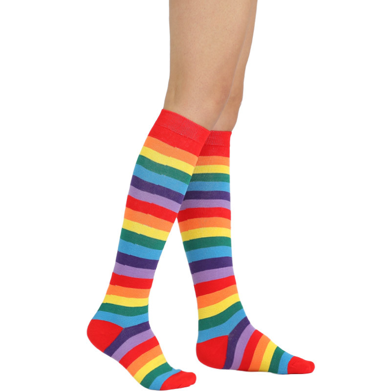 Arco Iris a rayas calcetines de media pantorrilla de espesor medio calcetines de algodón hasta la rodilla de las mujeres tamaño libre copsplay desfile de moda Calcetines