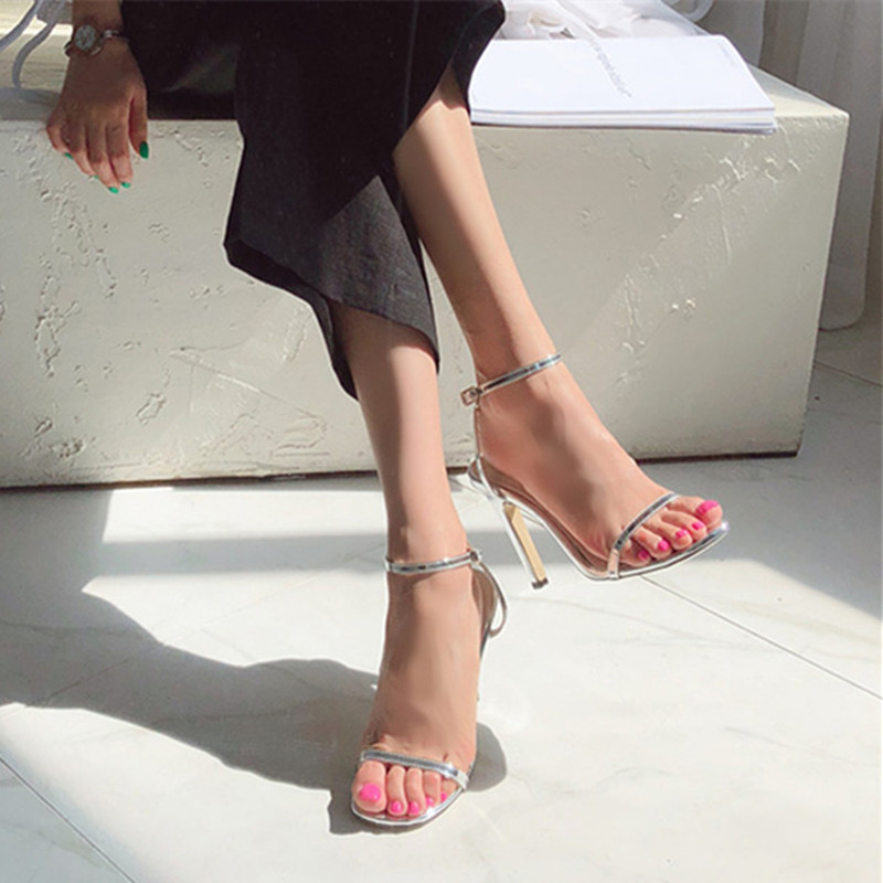 Women's Black High Heeled Sandals Mid Heel Summer Style Thin Strap Buckle Silver Small Size Shoes_vogvips.com