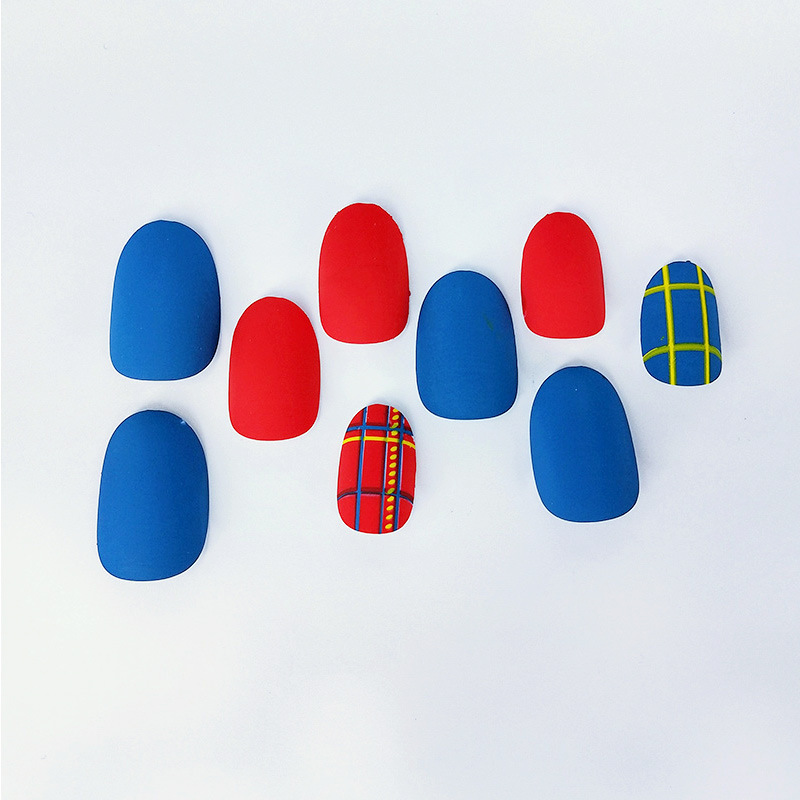 Creative Adult Fake Nails, Fashionable Plaid Nail Patches, Removable Wearable Nails, Long Round-Head Nail Patches