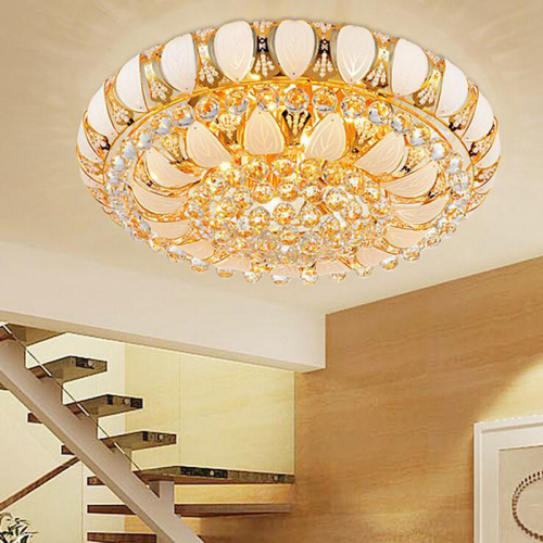 Golden round crystal lamp led ceiling lamp living room bedroom lamp European hotel lobby engineering lamp small leaves