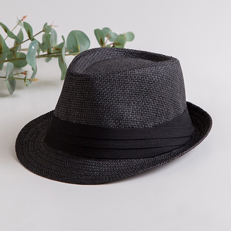 Curling sombrero de jazz verano paja tejida transpirable sombrero de paja cinturón negro sombrero de sol sombrero casual británico sombrero de copa