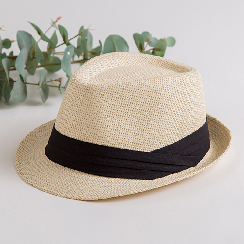 Curling sombrero de jazz verano paja tejida transpirable sombrero de paja cinturón negro sombrero de sol sombrero casual británico sombrero de copa