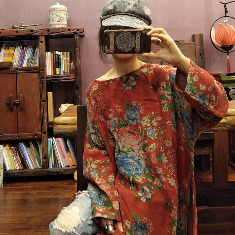 Lightly Customized Nostalgic Large Flower Artistic Robe Retro Red Flower Dress Ethnic Style Zen Robe 1510