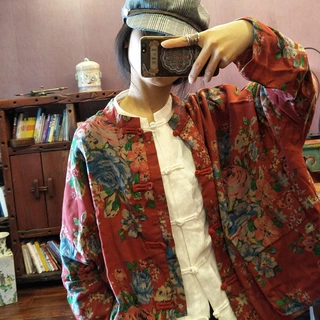 落古泥轻定制原创复古大花薄外套中式长袖防晒衬衫女1433红大花