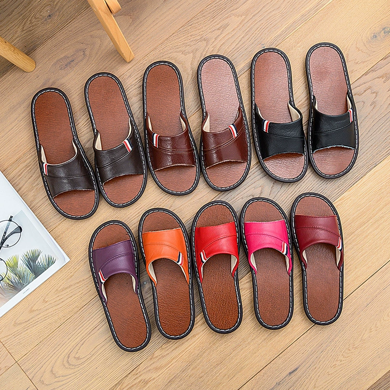 Обработанные шитые кожаные домашние тапочки женские летние домашние мягкие домашние тапочки мужские пары противоскользящие кожаные тапочки