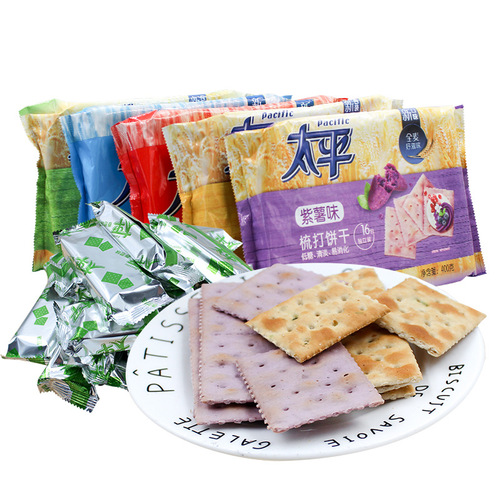 Tai Ping Soda Biscuits 400g Milk Salt Flavor Chive Flavor Purple Sweet Potato Flavor Full Box 12 Packs Snacks Snacks Food Wholesale