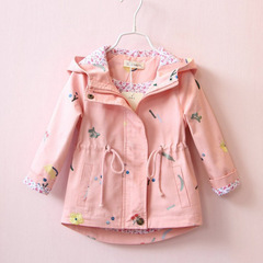 速賣通 2024春款女童全棉花朵刺繡風衣抽繩連帽中長款外套上衣