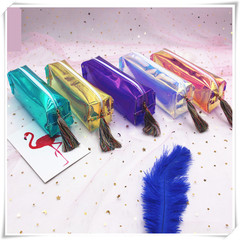 日韓原宿鐳射透明筆袋簡約女生流蘇收納化妝包大容量學生文具袋