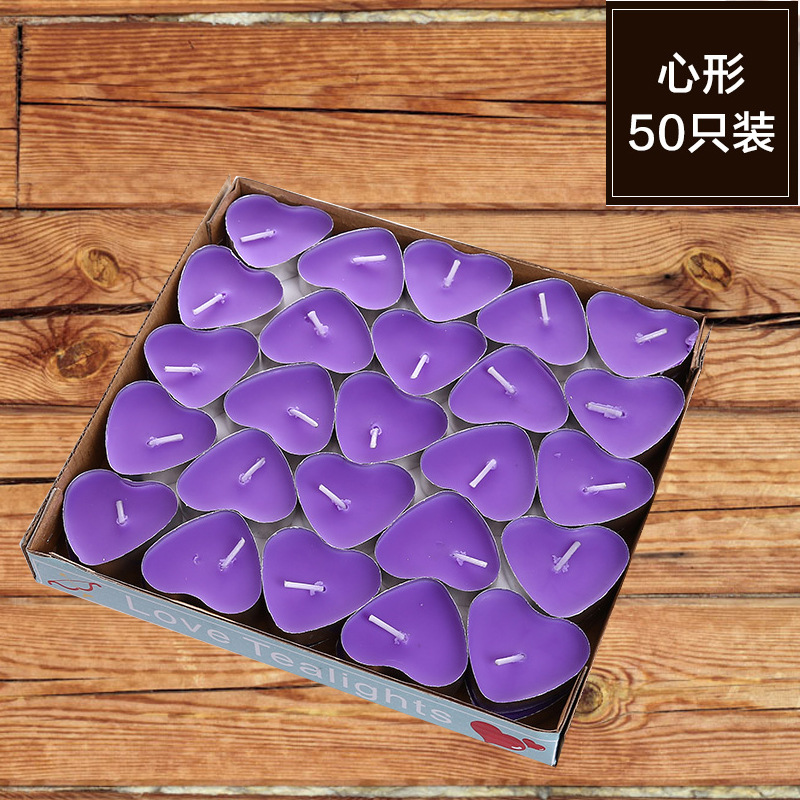 Velas de té con forma de corazón de melocotón púrpura (caja/50 unidades)