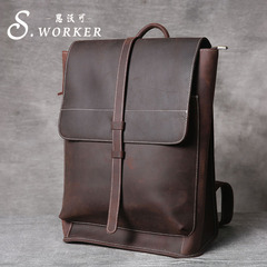 シンプルなトップ牛革ショルダーバッグレトロ本革リュックサックパソコンバッグ男女カジュアル狂馬皮かばんアマゾン