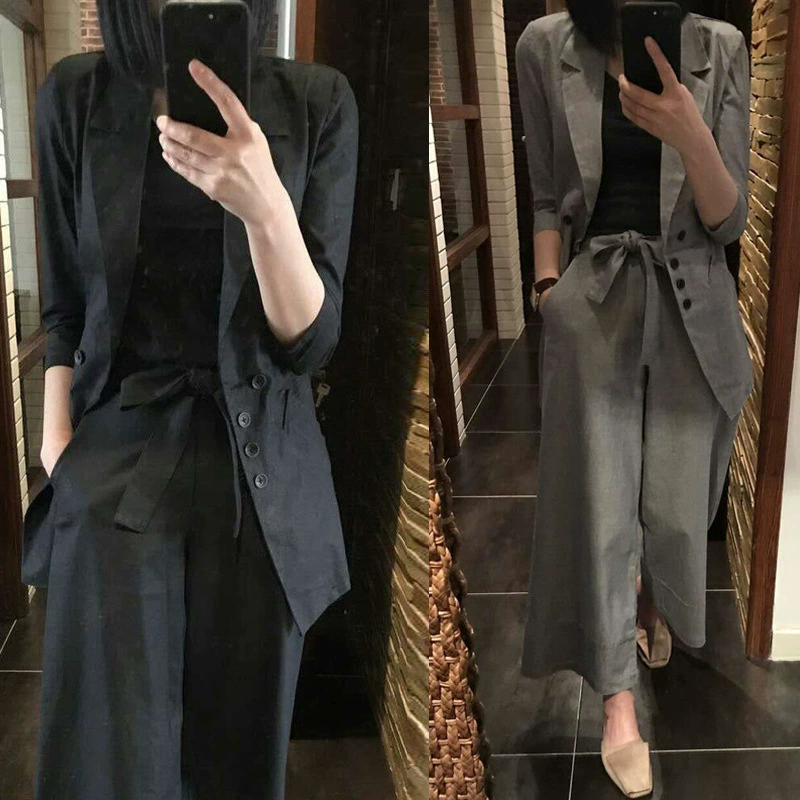 Распродажа-весна-лето слегка толстый мм хлопковый Двухсекционный 200 кг Толстая сестра Модный корейский брючный костюм с широкими штанинами