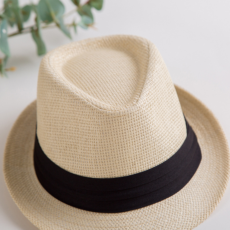 Curling sombrero de jazz verano paja tejida transpirable sombrero de paja cinturón negro sombrero de sol sombrero casual británico sombrero de copa