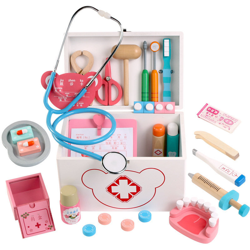 Productos de madera doctor niños juguetes de simulación jugar casa doctor enfermera inyección caja de madera almacenamiento caja de la medicina hombres y mujeres