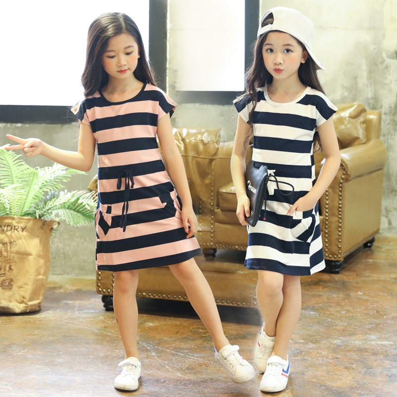 Summer New Children's Wear Girls' Korean Style Dress Large Children's Short-sleeved Skirt Girls' Stretch Skirt