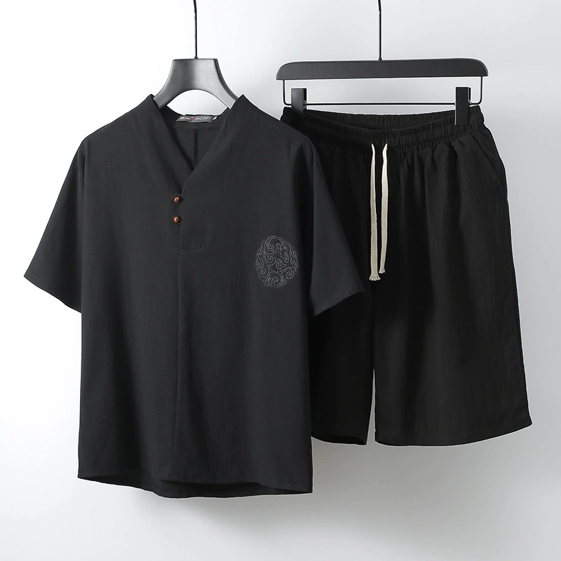 Футболка из хлопка и льна с короткими рукавами, мужской костюм, летняя молодежная однотонная льняная рубашка с v-образным вырезом и половиной рукавов, мужской комплект из двух предметов в китайском стиле