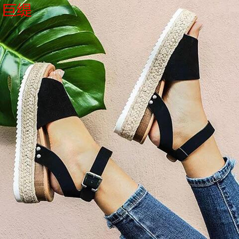 Juti spot perennial wish Amazon foreign trade large size slope heel light hemp rope sandals women