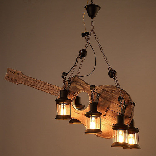 厂家直销复古工业风餐厅咖啡厅酒吧吧台个性创意吉他六头木头吊灯