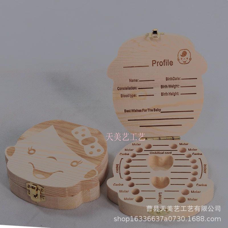 Caja de dientes de leche para bebés de madera real para hombres y mujeres lindos, caja de almacenamiento de colección de dientes personalizada, versión en inglés transfronteriza creativa para niños