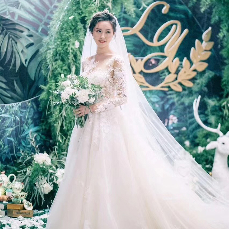 Vestido de novia principal para mujer 2024 nueva Boda nupcial fuera del hombro que se arrastra Super Hada manga larga simple luz hasta el suelo pequeño verano