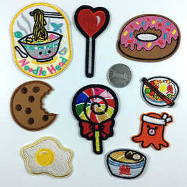 卡通食物背胶刺绣布贴 拉面鸡蛋甜甜圈棒棒糖饼干服装绣花补丁贴