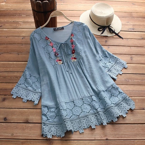 Summer Cotton-Linen Blended Lace Edge Elegant European-American V-Neck Loose Women's Top