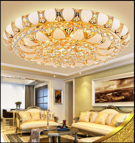 Golden round crystal lamp led ceiling lamp living room bedroom lamp European hotel lobby engineering lamp small leaves