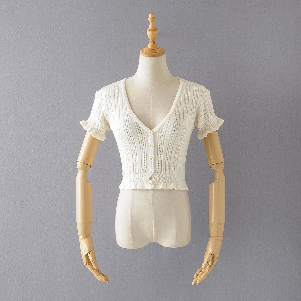 C199-19夏款 欧美性感修身款深V领镂空花边短袖针织开衫