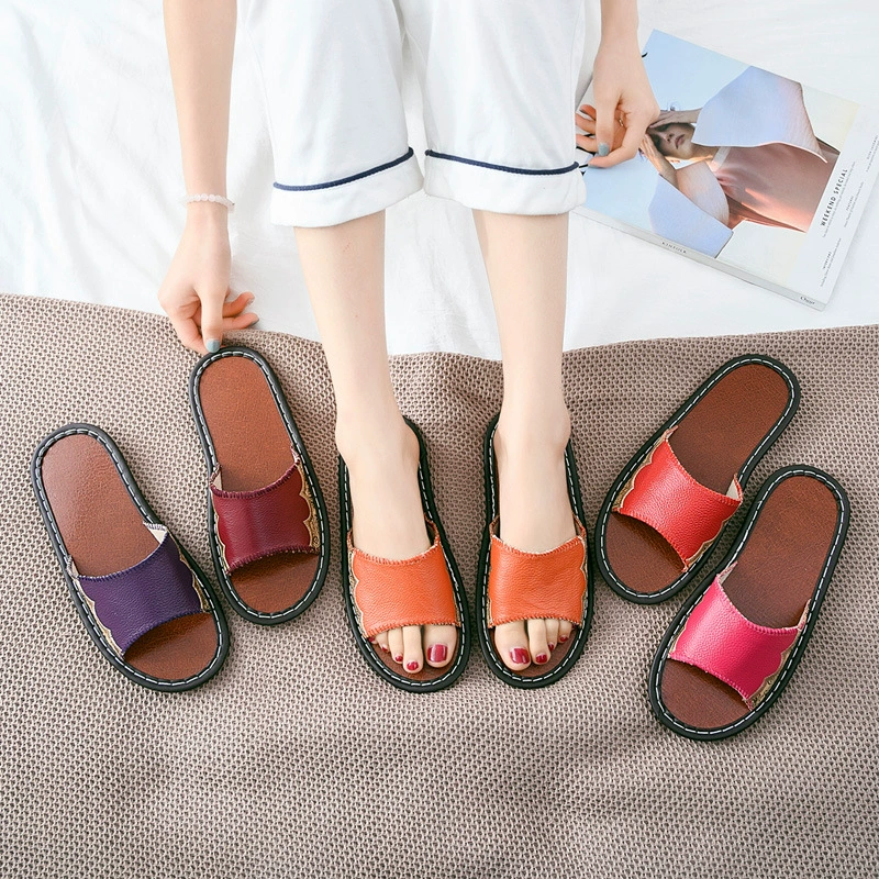 Летние кожаные тапочки женские комнатные взрослые бычьи сухожилия толстые тапочки мужские летние дышащие домашние кожаные перетаскивания оптом